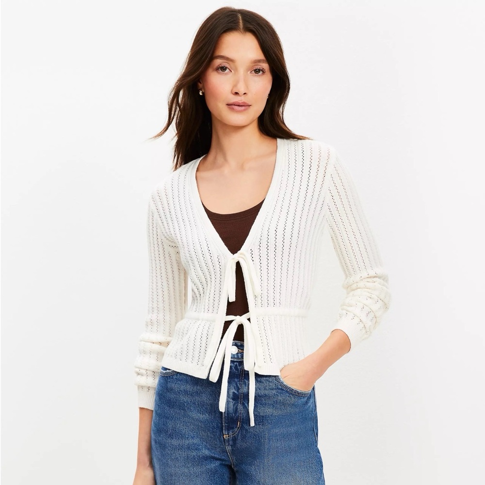 LOFT Cream Tie-Front Cardigan Sweater